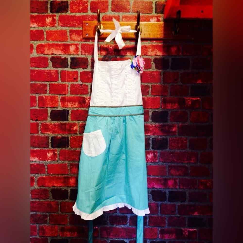 Vintage Anthropologie Blue & White Apron with Floral Accent